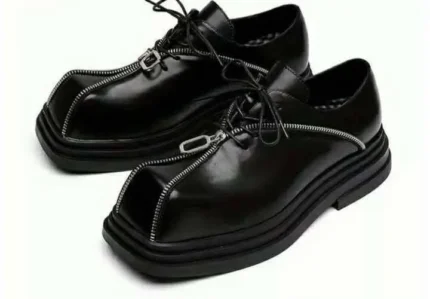 Zip Lock Square Toe - Men's Black Leather Chunky Derby Shoes