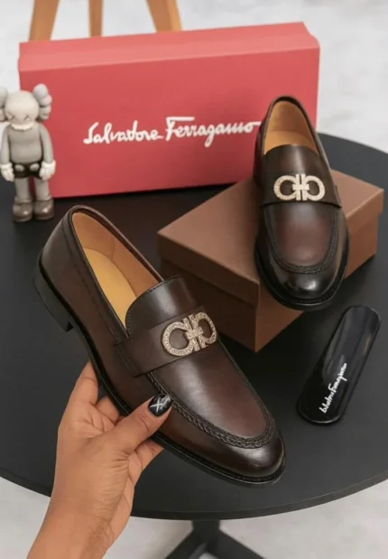 Salvatore Ferragamo Gancini - Men's Brown Leather Loafers with Crystal Buckle