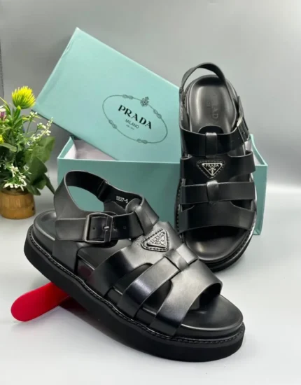 Prada Black Leather Woven Sandal with Triangle Logo