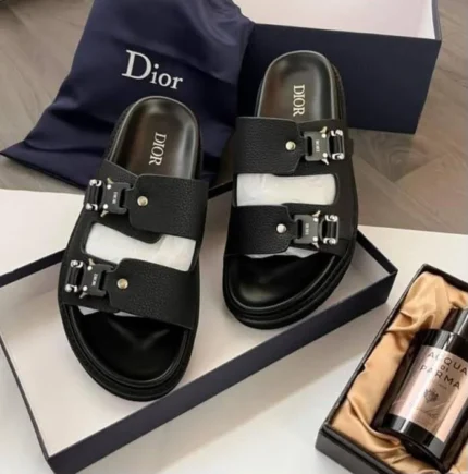DIOR Atlas Buckle Slides - Black Grain Leather