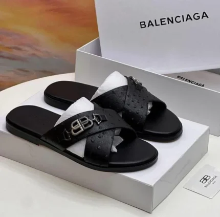 BALENCIAGA BB Ostrich Cross Slides - Black